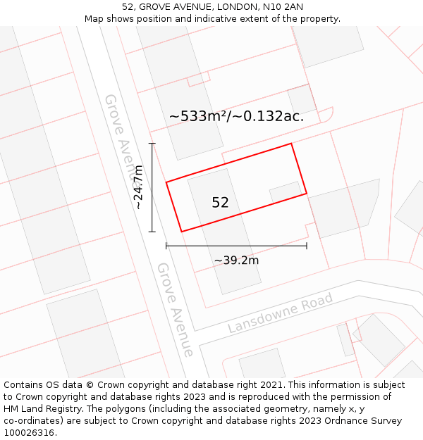 52, GROVE AVENUE, LONDON, N10 2AN: Plot and title map
