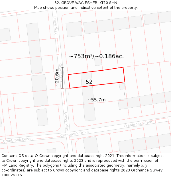 52, GROVE WAY, ESHER, KT10 8HN: Plot and title map