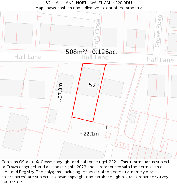 52, HALL LANE, NORTH WALSHAM, NR28 9DU: Plot and title map