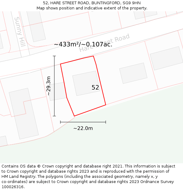 52, HARE STREET ROAD, BUNTINGFORD, SG9 9HN: Plot and title map