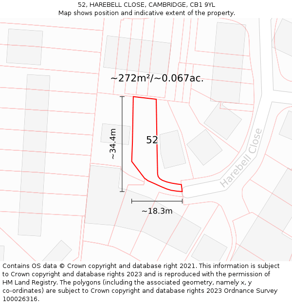 52, HAREBELL CLOSE, CAMBRIDGE, CB1 9YL: Plot and title map