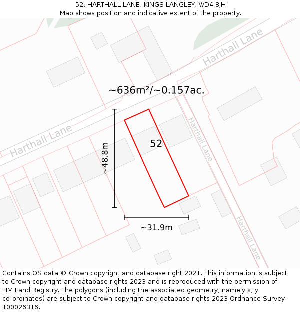 52, HARTHALL LANE, KINGS LANGLEY, WD4 8JH: Plot and title map