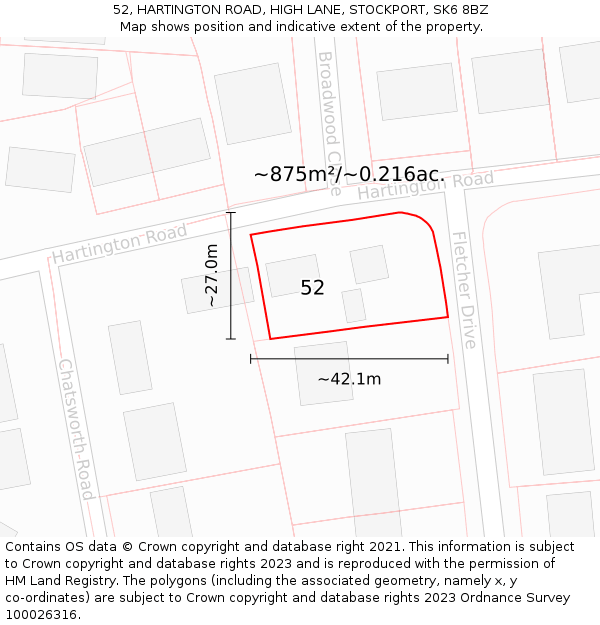 52, HARTINGTON ROAD, HIGH LANE, STOCKPORT, SK6 8BZ: Plot and title map