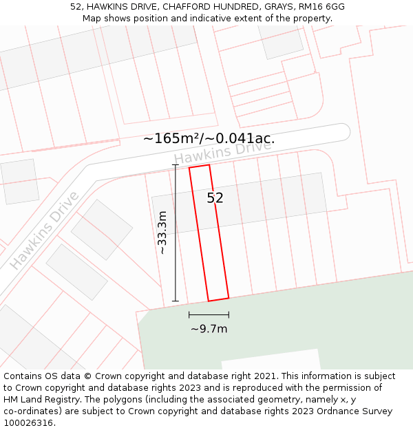 52, HAWKINS DRIVE, CHAFFORD HUNDRED, GRAYS, RM16 6GG: Plot and title map