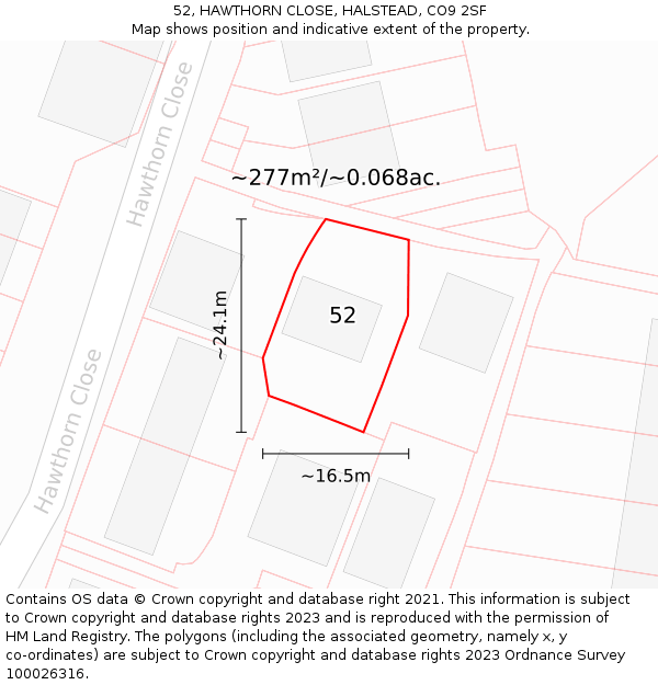 52, HAWTHORN CLOSE, HALSTEAD, CO9 2SF: Plot and title map