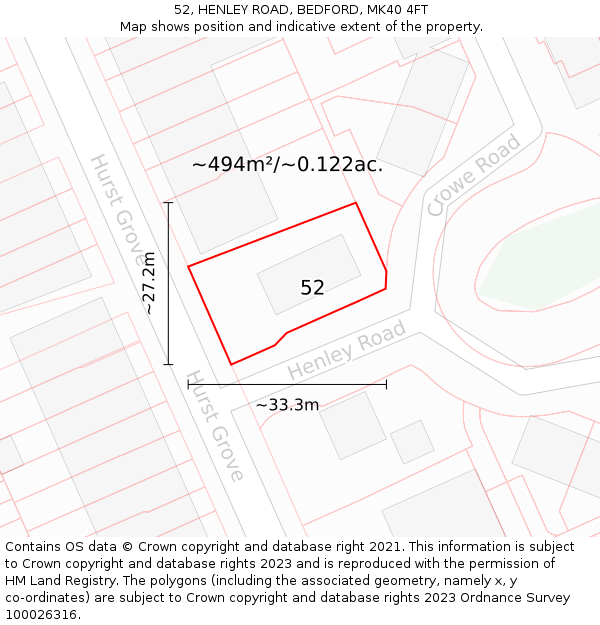 52, HENLEY ROAD, BEDFORD, MK40 4FT: Plot and title map