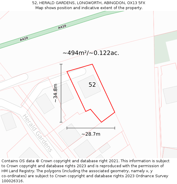 52, HERALD GARDENS, LONGWORTH, ABINGDON, OX13 5FX: Plot and title map