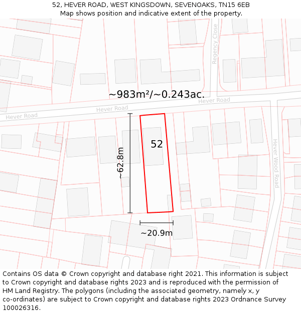 52, HEVER ROAD, WEST KINGSDOWN, SEVENOAKS, TN15 6EB: Plot and title map