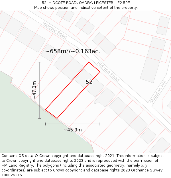 52, HIDCOTE ROAD, OADBY, LEICESTER, LE2 5PE: Plot and title map