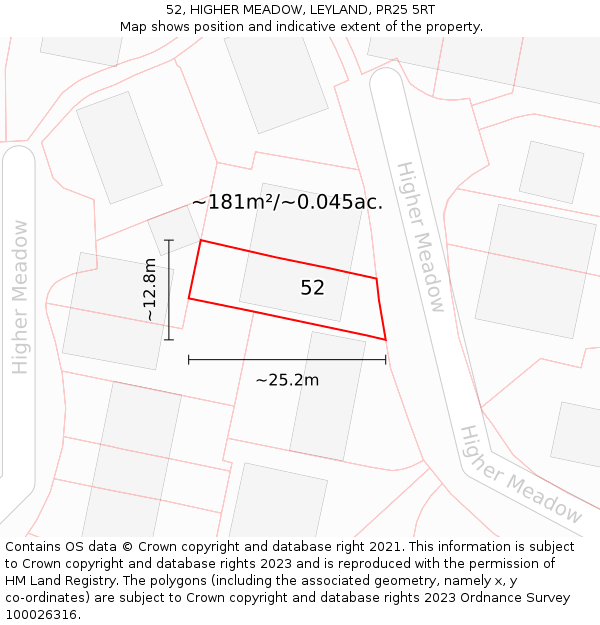 52, HIGHER MEADOW, LEYLAND, PR25 5RT: Plot and title map