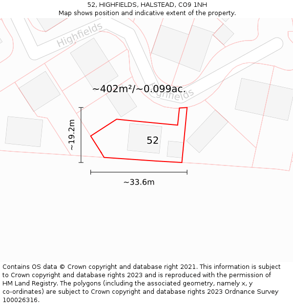 52, HIGHFIELDS, HALSTEAD, CO9 1NH: Plot and title map