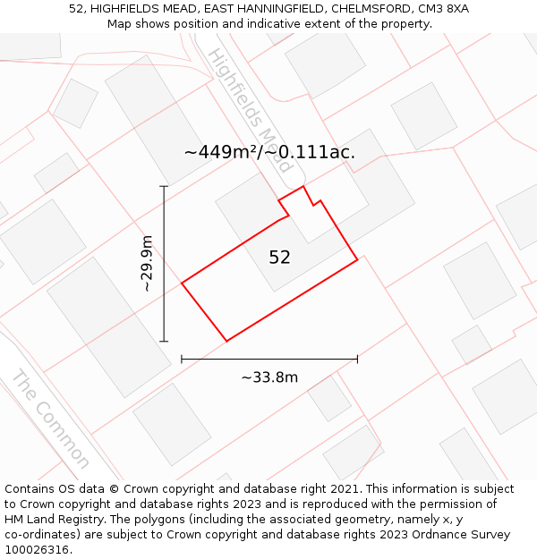52, HIGHFIELDS MEAD, EAST HANNINGFIELD, CHELMSFORD, CM3 8XA: Plot and title map