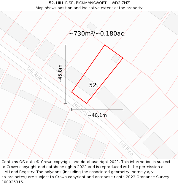 52, HILL RISE, RICKMANSWORTH, WD3 7NZ: Plot and title map