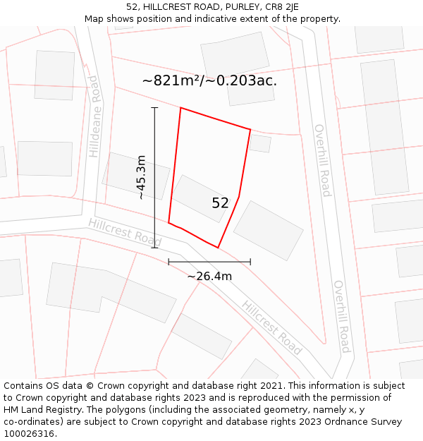 52, HILLCREST ROAD, PURLEY, CR8 2JE: Plot and title map