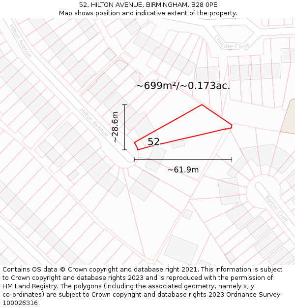 52, HILTON AVENUE, BIRMINGHAM, B28 0PE: Plot and title map