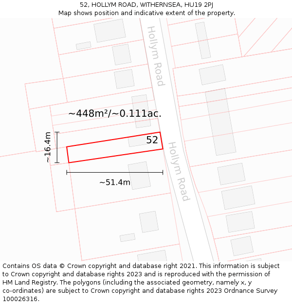 52, HOLLYM ROAD, WITHERNSEA, HU19 2PJ: Plot and title map