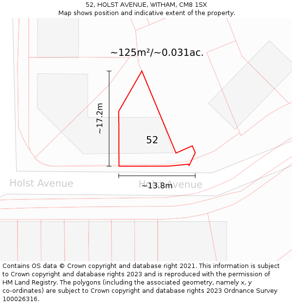 52, HOLST AVENUE, WITHAM, CM8 1SX: Plot and title map