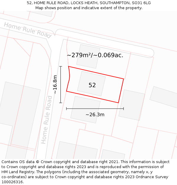 52, HOME RULE ROAD, LOCKS HEATH, SOUTHAMPTON, SO31 6LG: Plot and title map