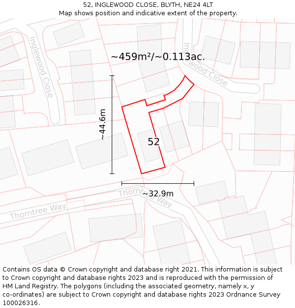 52, INGLEWOOD CLOSE, BLYTH, NE24 4LT: Plot and title map