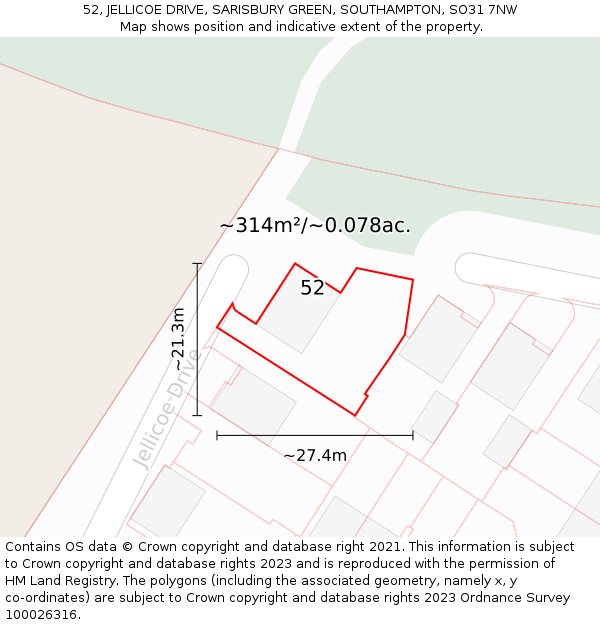 52, JELLICOE DRIVE, SARISBURY GREEN, SOUTHAMPTON, SO31 7NW: Plot and title map