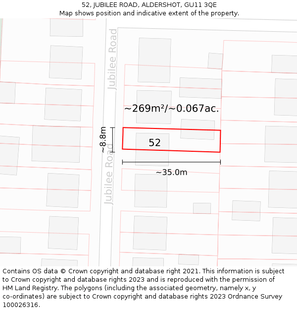 52, JUBILEE ROAD, ALDERSHOT, GU11 3QE: Plot and title map