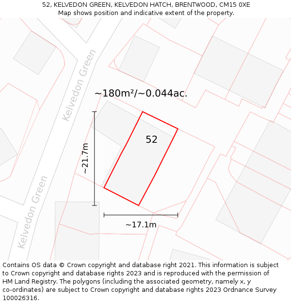 52, KELVEDON GREEN, KELVEDON HATCH, BRENTWOOD, CM15 0XE: Plot and title map