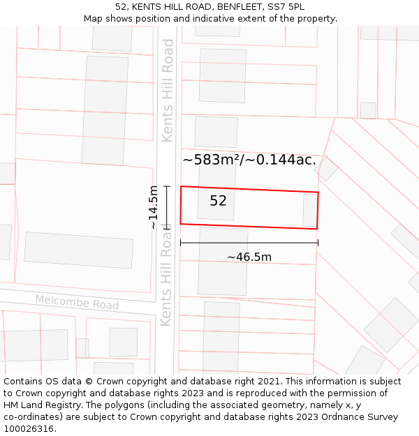 52, KENTS HILL ROAD, BENFLEET, SS7 5PL: Plot and title map