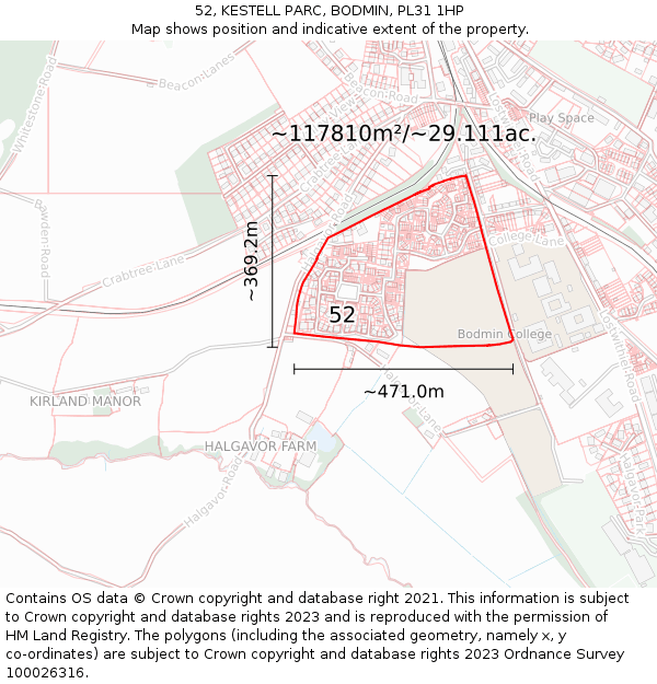 52, KESTELL PARC, BODMIN, PL31 1HP: Plot and title map