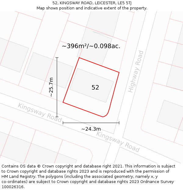 52, KINGSWAY ROAD, LEICESTER, LE5 5TJ: Plot and title map