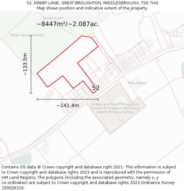 52, KIRKBY LANE, GREAT BROUGHTON, MIDDLESBROUGH, TS9 7HG: Plot and title map