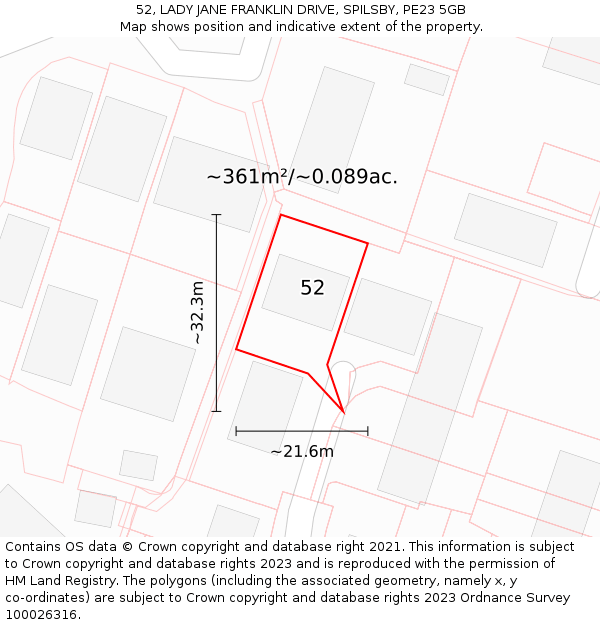 52, LADY JANE FRANKLIN DRIVE, SPILSBY, PE23 5GB: Plot and title map