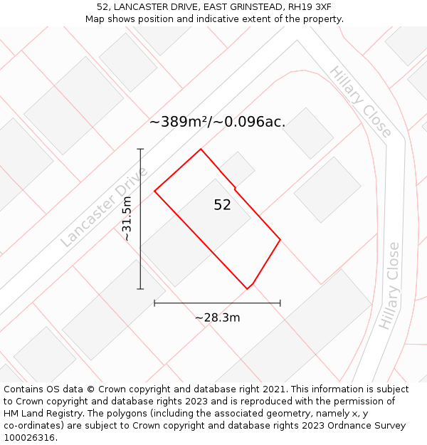 52, LANCASTER DRIVE, EAST GRINSTEAD, RH19 3XF: Plot and title map