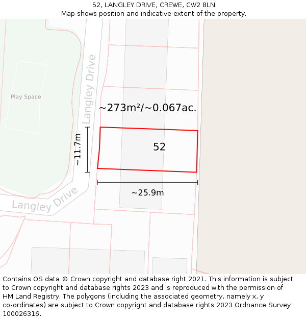 52, LANGLEY DRIVE, CREWE, CW2 8LN: Plot and title map