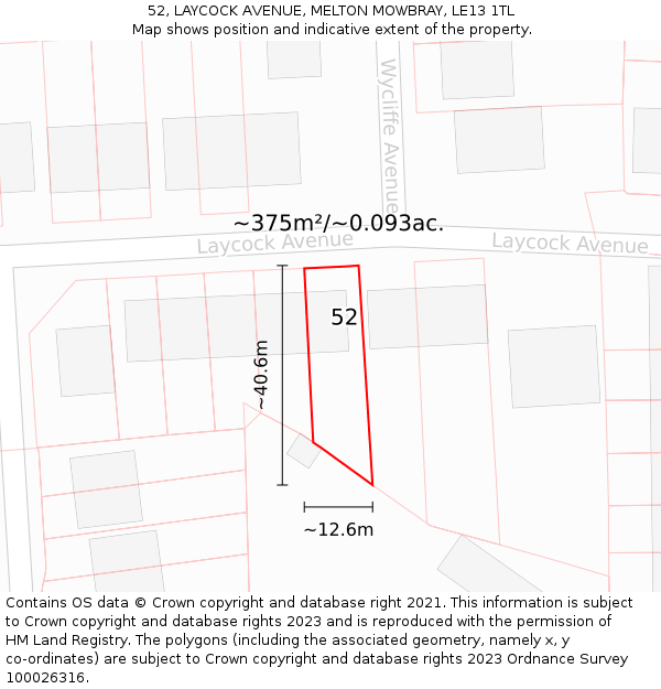 52, LAYCOCK AVENUE, MELTON MOWBRAY, LE13 1TL: Plot and title map