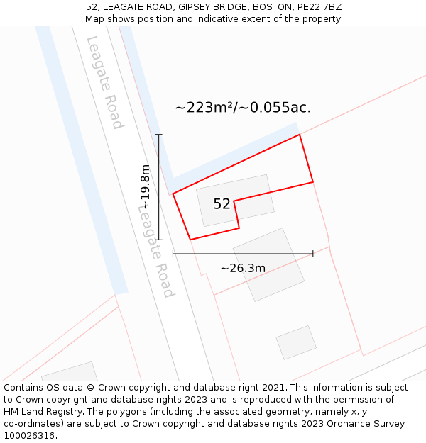 52, LEAGATE ROAD, GIPSEY BRIDGE, BOSTON, PE22 7BZ: Plot and title map