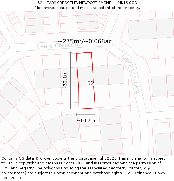 52, LEARY CRESCENT, NEWPORT PAGNELL, MK16 9GD: Plot and title map