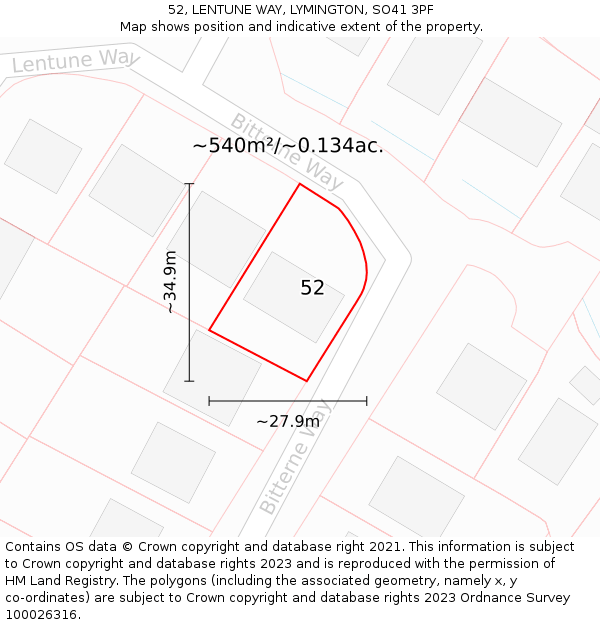 52, LENTUNE WAY, LYMINGTON, SO41 3PF: Plot and title map