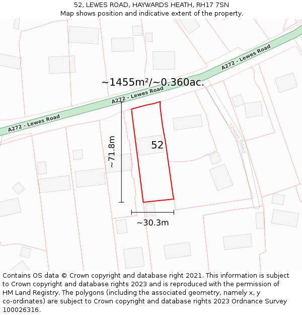 52, LEWES ROAD, HAYWARDS HEATH, RH17 7SN: Plot and title map