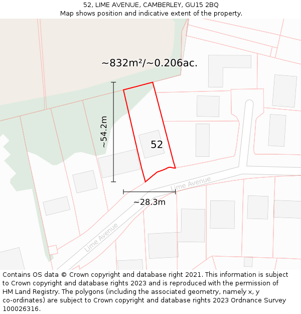 52, LIME AVENUE, CAMBERLEY, GU15 2BQ: Plot and title map