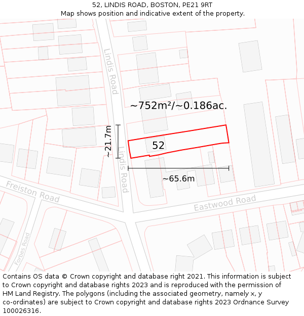 52, LINDIS ROAD, BOSTON, PE21 9RT: Plot and title map