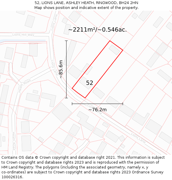 52, LIONS LANE, ASHLEY HEATH, RINGWOOD, BH24 2HN: Plot and title map