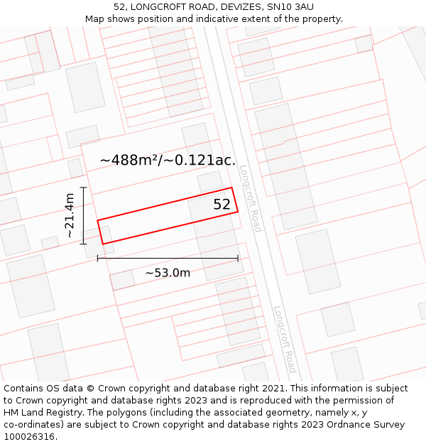 52, LONGCROFT ROAD, DEVIZES, SN10 3AU: Plot and title map
