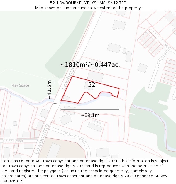 52, LOWBOURNE, MELKSHAM, SN12 7ED: Plot and title map