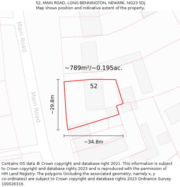 52, MAIN ROAD, LONG BENNINGTON, NEWARK, NG23 5DJ: Plot and title map