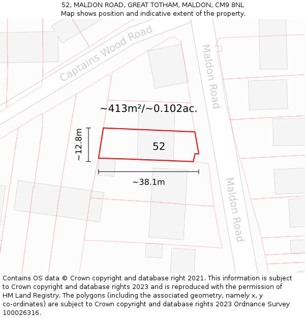 52, MALDON ROAD, GREAT TOTHAM, MALDON, CM9 8NL: Plot and title map