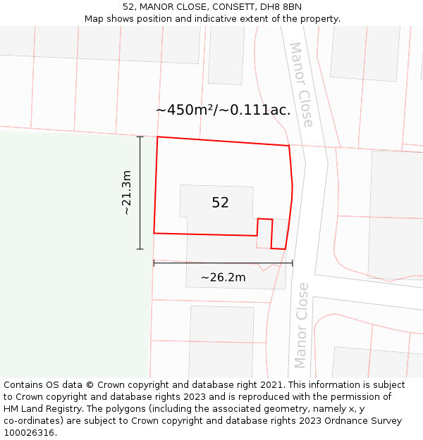 52, MANOR CLOSE, CONSETT, DH8 8BN: Plot and title map
