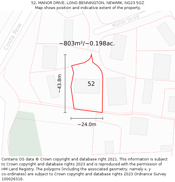 52, MANOR DRIVE, LONG BENNINGTON, NEWARK, NG23 5GZ: Plot and title map