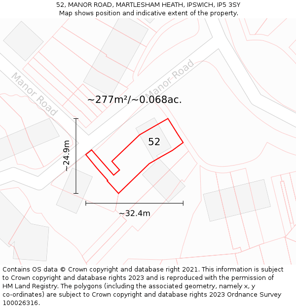 52, MANOR ROAD, MARTLESHAM HEATH, IPSWICH, IP5 3SY: Plot and title map