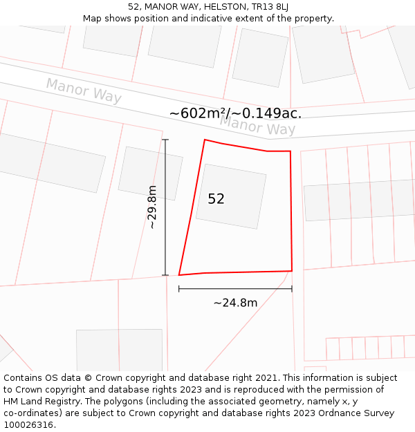 52, MANOR WAY, HELSTON, TR13 8LJ: Plot and title map