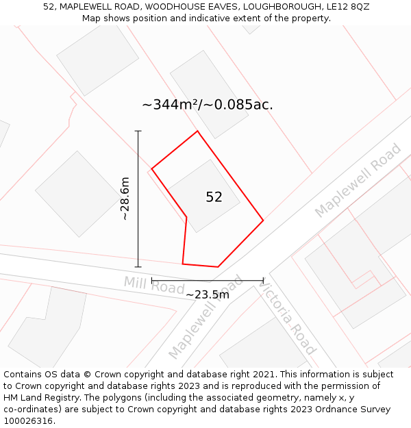 52, MAPLEWELL ROAD, WOODHOUSE EAVES, LOUGHBOROUGH, LE12 8QZ: Plot and title map